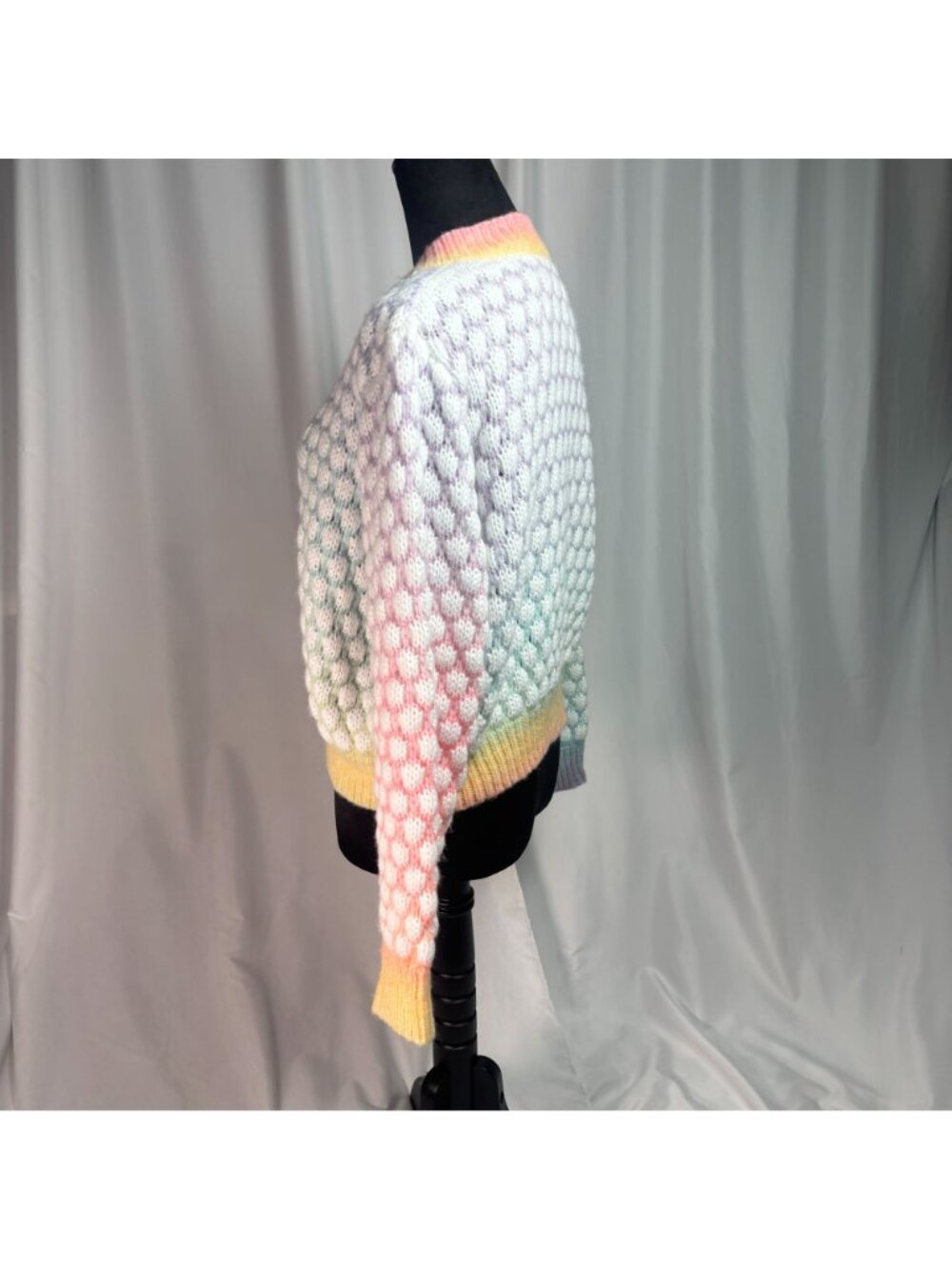 Pastel Rainbow Bubble Knit Cardigan Sweater, Pearl Buttons Colorblock size Large - Picture 9 of 12